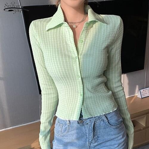 2021 Autumn Youth Striped Chiffon Shirt Womens Long-sleeved Fashion Sunscreen Shirt Women Trend Pretty Low-key Short Top 16029
