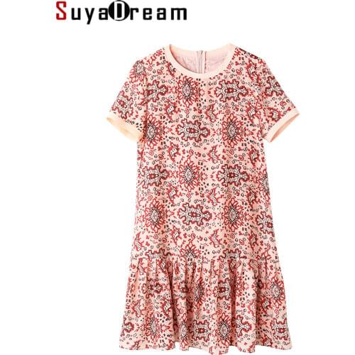 SuyaDream Woman Mini Dress 100%Silk Crepe Printed Short Sleeved A-Line Cupcake Dress 2021 Spring Summer Dresses