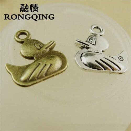RONGQING 50pcs/lot 16*14MM 2 Sided Duck Charms Bronze Antique Silver Metal Animal Charms for Jewelry Making