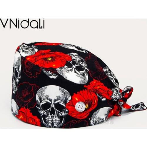 Skull Flower Printing Health Workers Scrubs Caps Pet Shop Work Scrubs Hats Beauty Salon Cap Scrub Caps Lab Tieback Frosted Cap