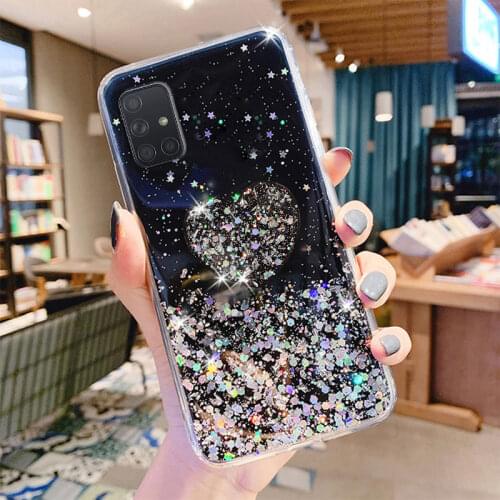 Silicone Case For Samsung A02 Cases Luxury Bling Glitter Heart Holder Phone Cover For Samsung A02S 6.5'' A 02S A 02 Covers Capa