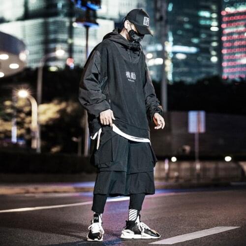 Black Techwear Hip Hop Letter Embroidery Hooded Patchwork Hoodies Sweatshirts Men Casual Streetwear Loose Pullover Male Hoody