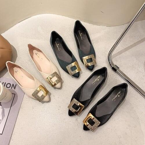 Women Flats Pointed Toe Slip on Shoes For Female Ballet Flats Square Button Metal Boat Shoes Ladies Black zapatos mujer 9114G