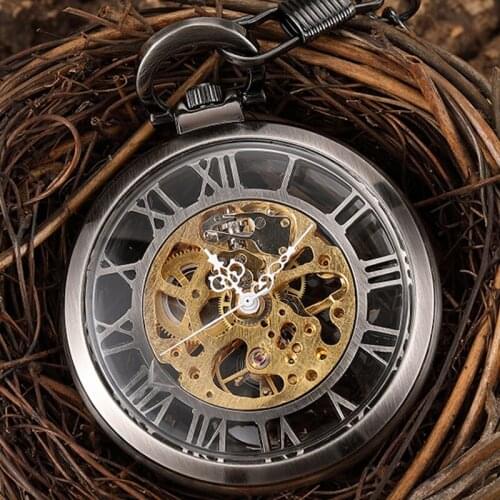 Vintage Steampunk Big Roman Numerals Mechanical Pocket Watch Necklace Men Transparent Fob Hand Wind Retro Chain Watch Unisex