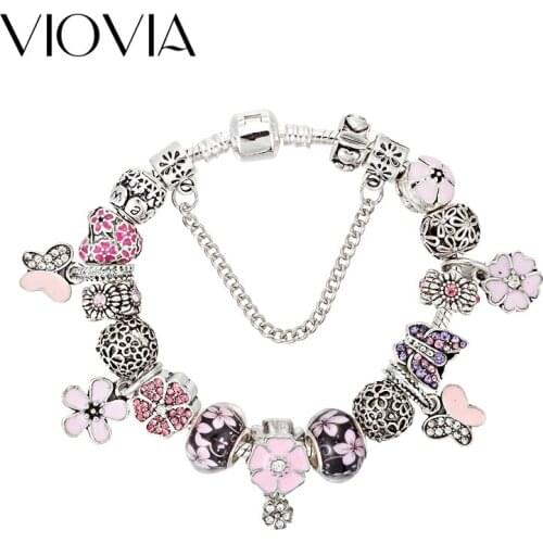 VIOVIA Authentic Silver Color Flower Pink Crystal Butterfly Charm Beads Bracelets Bangles Women DIY Jewelry B17004
