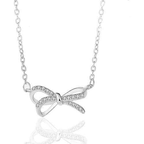UFOORO 925 Sterling Silver Pendant Light Luxury Fashion Micro-set Chain Bow Shape Necklace For Woman Female Engagement