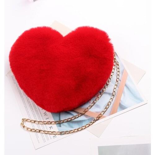 Heart-Shaped Crossbody Bags For Women Solid Color Winter Faux Fur Shoulder Messenger Bag Small Chain Ladies Handbag
