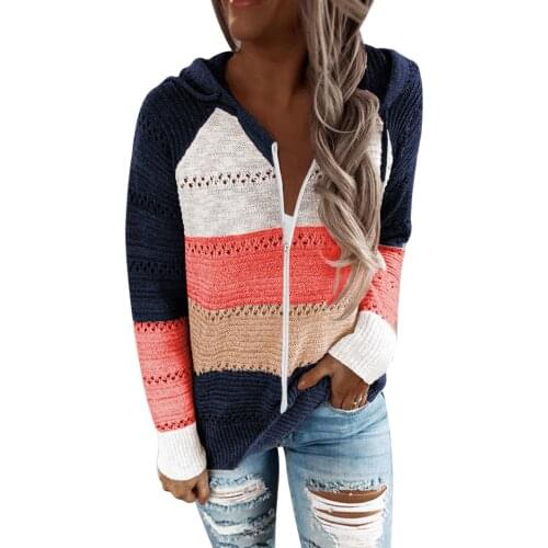 2021 Autumn Winter Sweater Women Striped Stitching Cardigan Zip Hooded Knit Sweatshirt Weaters for Women Fashion Loose Cardigans