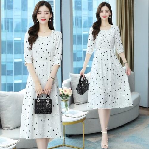 2021 Summer White Dot Chiffon Casual Beach Dress Vintage Oversize Boho Half Sleeve Sundress Elegant Women Bodycon Party Vestidos