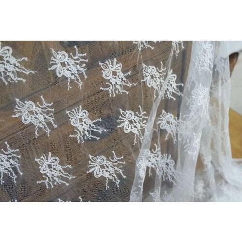 1 Yard Soft White Bowknot Tulle Lace Fabric Corded Floral Gauze Fabric For Bridal Veils, Wedding Dress, Bodice
