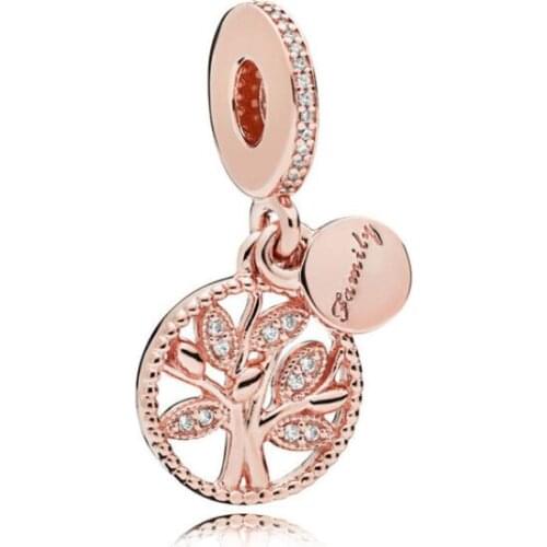 Genuine 925 Sterling Silver Charm Rose Family Heritage Tree Of Life With Crystal Beads Fit Pan Bracelet & Necklace Jewelry