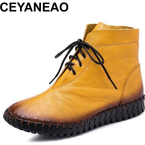 CEYANEAO35-43 Plus Size Womens Boots 2021Autumn and Winter lace-up hand-sewn Leather Leather Boots flat Casual Womens Shoes