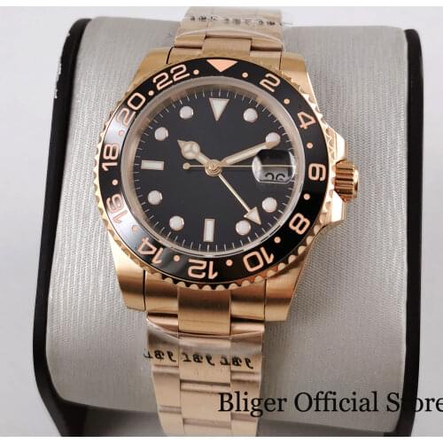 BLIGER Brand Luxury Automatic Men Watch Rose Gold Coated Wristwatch Sapphire Glass GMT Date Function