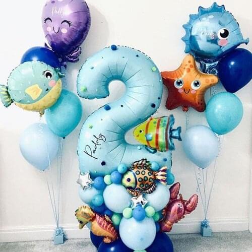 CYUAN 44pcs/lot Under Sea Ocean World Animal Balloons Blue Number Balloon Sea Party Theme Kids Birthday Party Decor Baby Shower