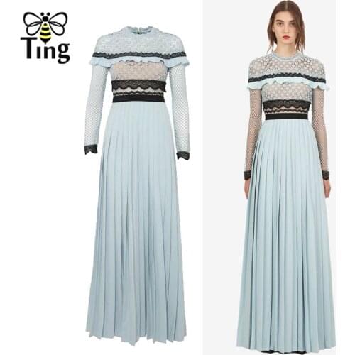 Tingfly SP Blue New Season Style Long Elegant Party Dresses Lady Lace Embroidery Maxi Pleated Dress Split Vestidos Size 2XL