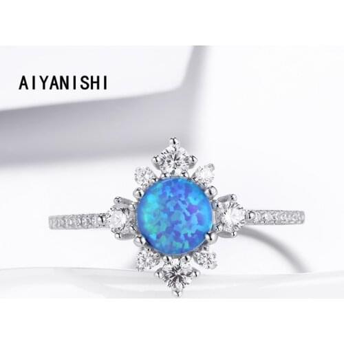 AIYANISHI 925 Sterling Finger Rings Classic Wedding Round Blue Opal Rings Silver FlowerJewelry For Women Wedding Christmas Gifts