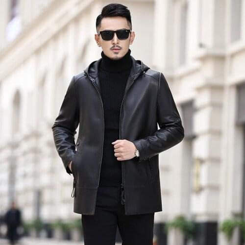 Leather Genuine New Jacket Mens Spring Autumn Hoodie Top Layer Sheepskin Leather Coat Casual Thin Medium Length Coat Outerwear