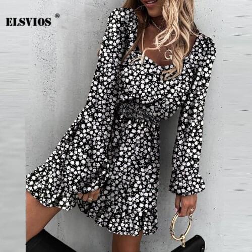 Autumn Fashion Floral Print Square Collar Mini Dress Elegant Puff Sleeves Office Lady Dress Sweet Casual Streetwear Party Dress