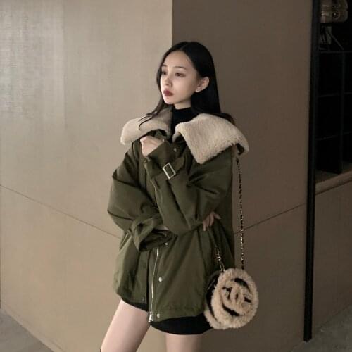 New Women Fur Collar Lapel Thick Cotton Parkas Army Green Loose Casual Lace-up Coat Cotton Padded Jackets Warm Winter Outerwear