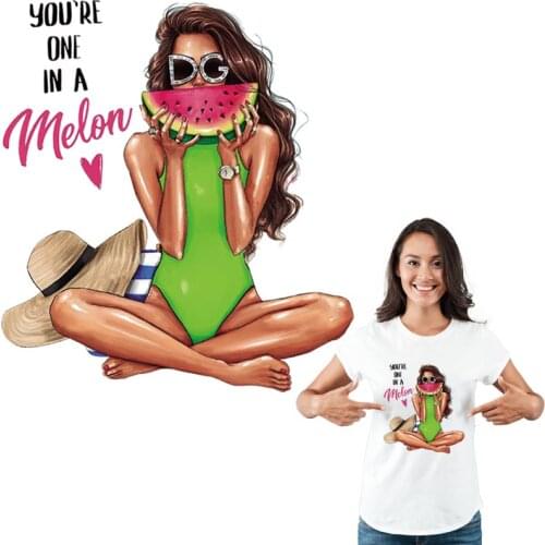 Girl Eating Watermelon Iron On Patch Fashion Stickers Clothes Iron On Heat Transfer Diy Accessory Thermal Patch