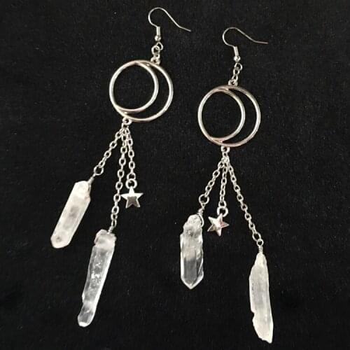 Silver Plated Crescent Moon Clear Quartz Crystal Witchy Earrings, Gothic occult Natural Crystal Accessories Jewelry Earrings