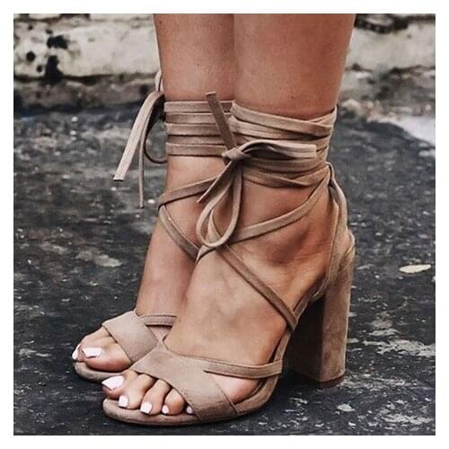High Quality Square Heels Sandals Women Peep Toe Ankle Lace-up Chunky Heel Gladiator Sandal Women Cut-out Dress Shoes Summer