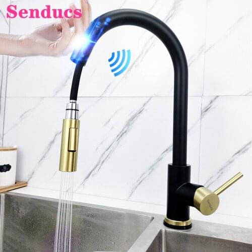 Touch Kitchen Faucets Senducs Black Gold Sensor Pull Out Kitchen Mixer Tap Quality Stainless Steel Sensitive Touch Kitchen Taps