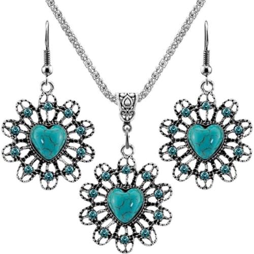 FYJS Unique Silver Plated Love Heart Green Turquoises Stone Pendant Flower Necklace Drop Earrings Romantic Style Jewelry Sets