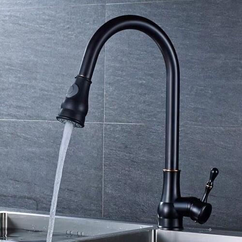 WZLY Kitchen Faucets Brushed Nickel Brass 360 Rotate Black Pull Out Kitchen Faucet Button Switch Sink Chrome Mixer Taps Torneira