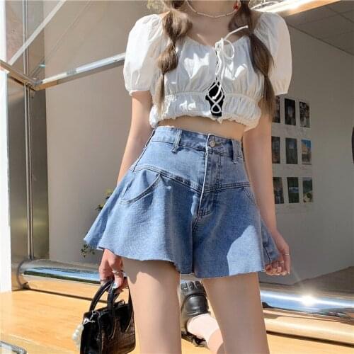 Stylish Women Loose Casual Jeans Pants 2021 Summer Loose Female Denim Shorts High Waist Ladies Solid Shorts Ruffles Shorts