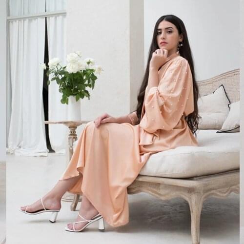 Turkey India Muslim Dress Beads Ruffles Sleeve Satin Abaya Eid Duabi Arabic Vestidos Moroccon Kaftan Islamic Clothing Gown Robe