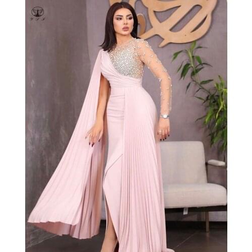 Classic Pink Illussion O Neck Beaded Heavily Long Sleeve Pleated Sheath Floor Length Evening Dresses