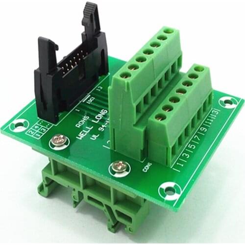 IDC14 2x7 Pins 0.1" Male Header Breakout Board, Terminal Block, with Simple DIN Rail Mounting feet