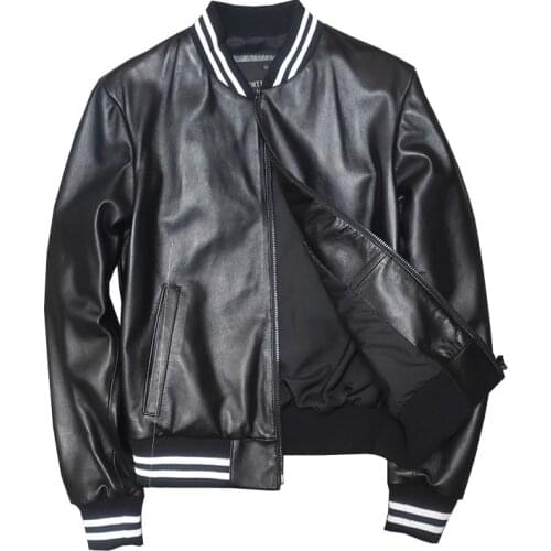 Black Leather Baseball Jacket Women 100% Genuine Lambskin Stylish Letter Embroidery Fashion Streetwear Leather Coat