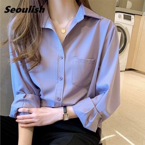 Seoulish 2021 New One Pocket Purple Elegant Loose Womens Blouse Korean Style Long Sleeve Loose Female Shirts Tops Spring Autumn