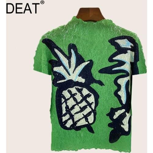 DEAT Women Pleated T-shirt Pineapple Print Half Turtleneck Collar Short Sleeve Pullover Tops Loose 2021 Summer Fashion 15HX258