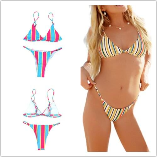 Meihuida 2 Pcs Women Printed Bathing Suits, Adults Sexy Adjustable Spaghetti Strap Triangle Bra + Thong