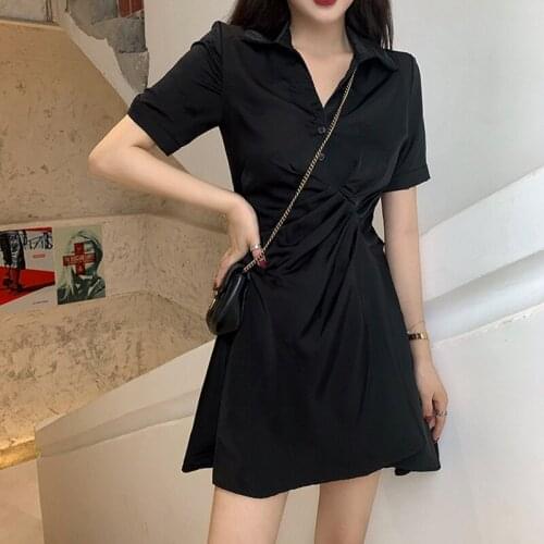 Women Ruched Dresses Turn Down Collar Short Sleeve Loose Mini Dress 2021 New Summer Dress Little Black Dress