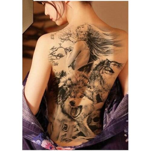 Women temporary tattoos super large big size 18.9*13.4inch fake tattoo beauty girl Wolves tattoos wolf tiger full back chest new