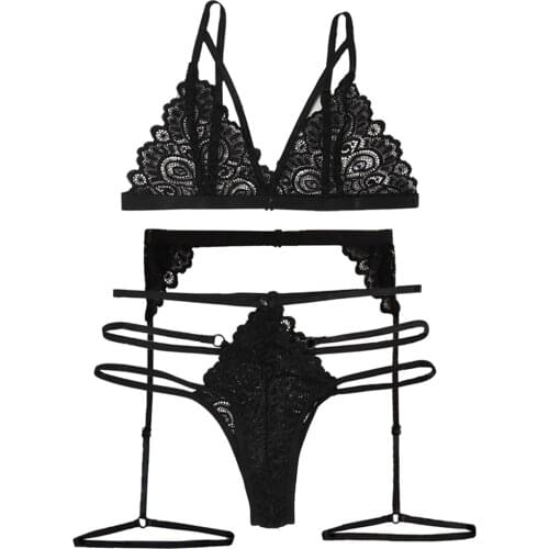 Womens sexy temptation clothing underwear set bra and panties + garter belt three-piece honeymoon night hot sale 2020