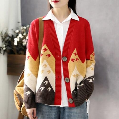 New Animal Print Knitted Women Sweater Cardigans Single Breasted Long Sleeve Cardigans Loose Paper Crane Pattern Sweater O95