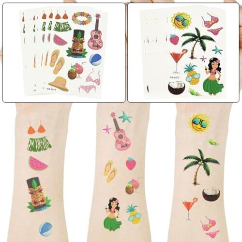 10pcs Hawaiian Tattoo Stickers Aloha Temporary Tattoo Stickers Tropical Luau Theme Party Photo Props Beach Birthday Wedding Deco