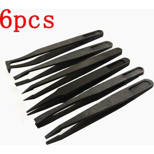 6 units / set New portable straight black curve antistatic plastic tweezers Heat resistant tool repair hot sale