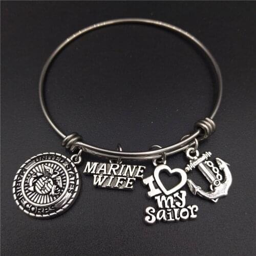 Polished Stainless Steel Adjustable Wire Bangle Maine Corps Wife Charm Bracelet Fashion Women Jewelry DIY Handmade Gift