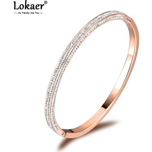 Lokaer Stainless Rose Gold Color Three Sides Rhinestone Cuff Bangles Bracelets Lovers Jewelry Valentines Day Gift B18059
