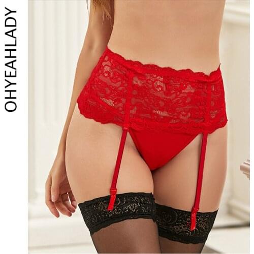 Ohyeahlady Floral Lace Garter Belt Black Red Underwear Sexy Lingerie with 4 Strap Metal Clip Garter Belt Suspender PJ5156