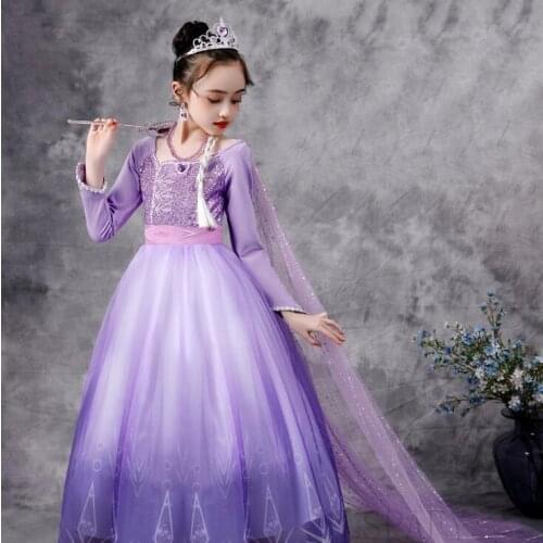 Disney Elsa Long Hair Tangled Princess Dress Sequins Frozen Cosplay Costume Purple Ball Gown Christmas Birthday Party For Girls