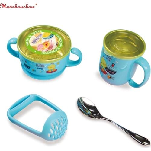 4 Pcs Baby Feeding Tableware Cup Spoon Grinding Rod Set Stainless Steel Anti-Slip Children Kid Cartoon Bowl With Sucker