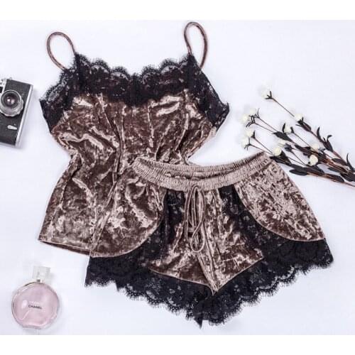 Lace Cami Tops Shorts Women Nightwear Autumn Winter Home Suit Ladies Sleepwear Velvet Brown Pajamas Set