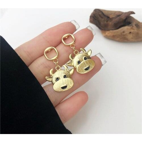 LOVOACC Cute Cartoon Bull Cattle Earrings for Women Gold Color Alloy Metal Enamel Animal Drop Dangle Earrings New Year Jewelry